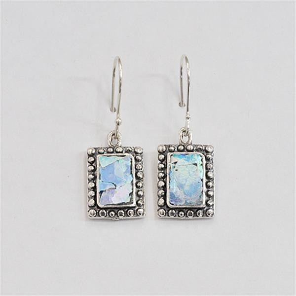 Studded Edge Rectangle Patina Roman Glass Earrings