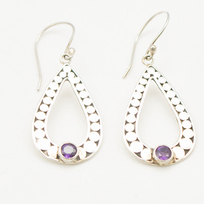 Sterling Silver Circle Tear Drop Earrings with Amethyst