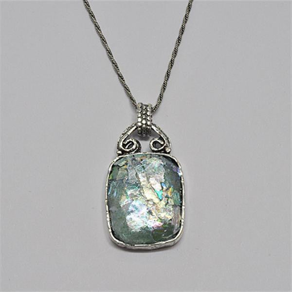Curled Flourish Top Rectangle Patina Roman Glass Necklace
