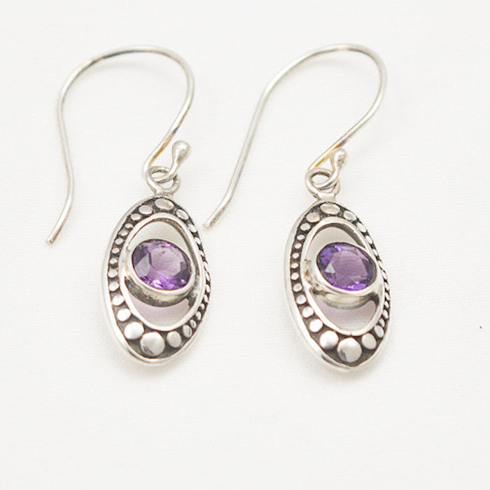 Sterling Silver Oval Silver Cosmos Dangle with Amethyst Center Earrings