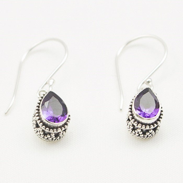 Sterling Silver Teardrop Faceted Amethyst with Side Detail Dangle Earrings