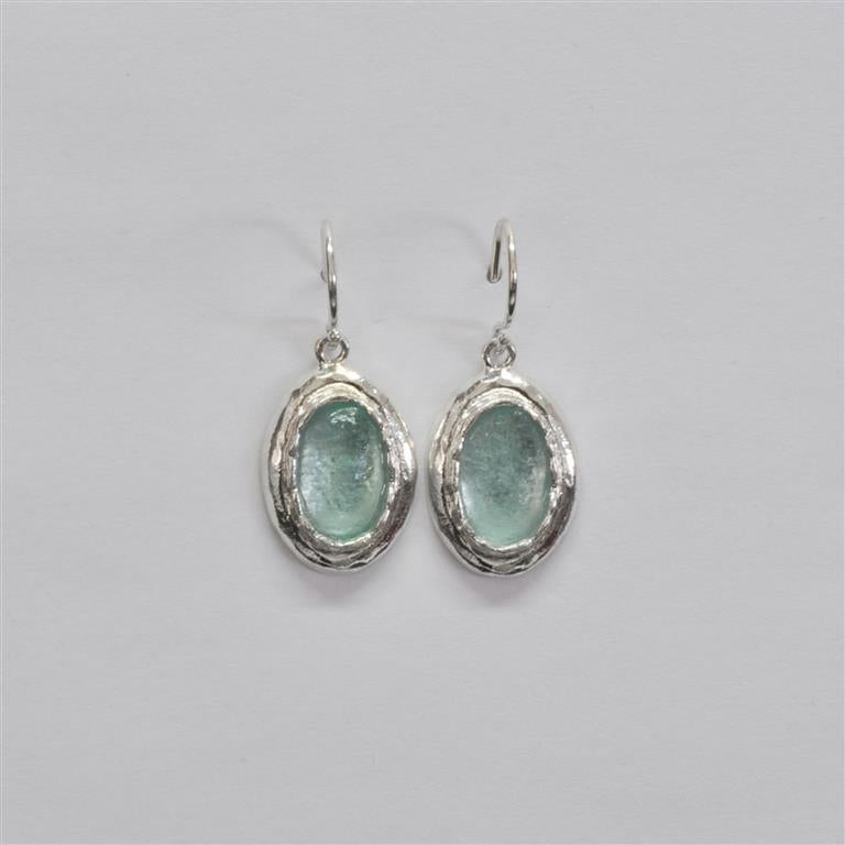 Oval Two Tier Silver Washed Roman Glass Earrings