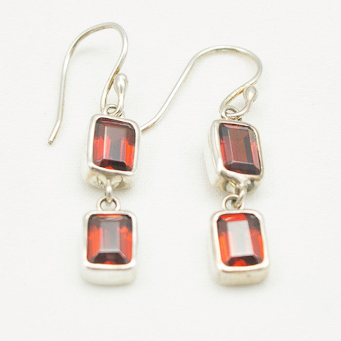 Sterling Silver Double Faceted Garnet Drops Earrings