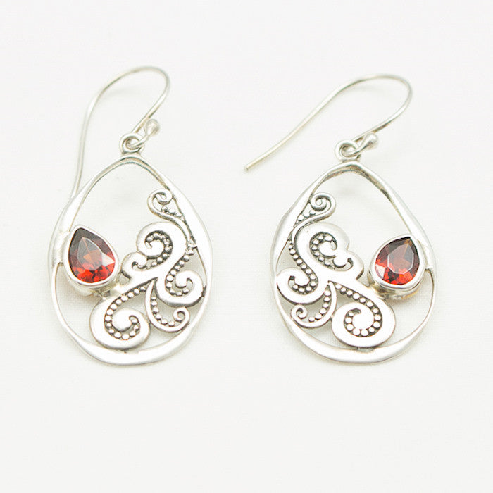 Sterling Silver Teardrop Dangle with Fancy Nouveau Design and Offset Garnet Earrings