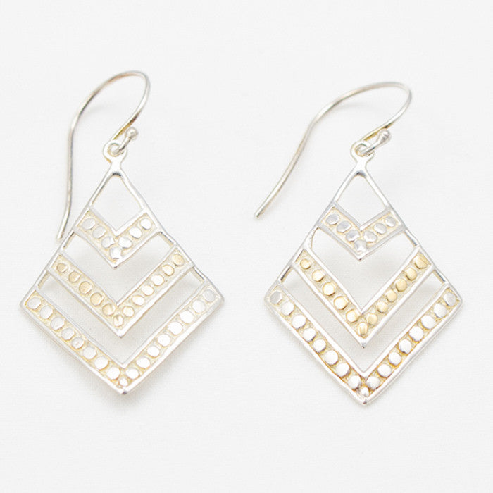 Sterling Silver Wide 3 Tiered Chevron Dot with 18k Gold Center Earrings