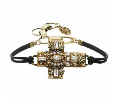 Pearl and Gold Cross Leather Bracelet by Michal Golan
