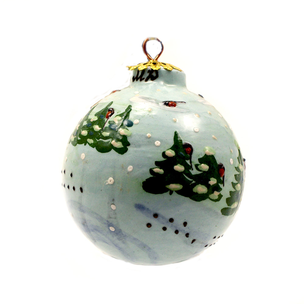Evergreens, Blue Sky, and Birds Small Ceramic Ornament