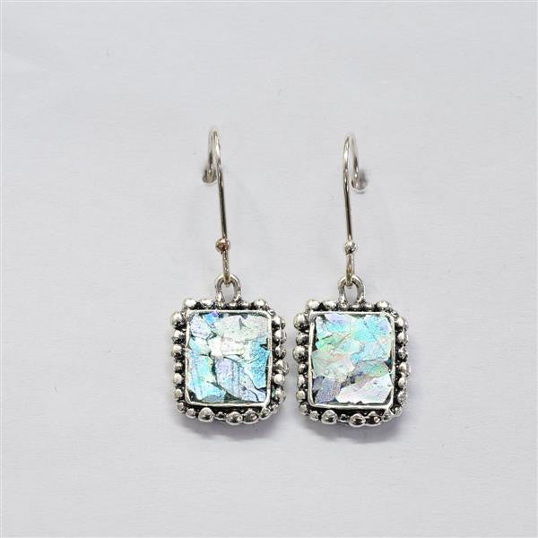 Beaded Edge Rectangle Patina Roman Glass Earrings