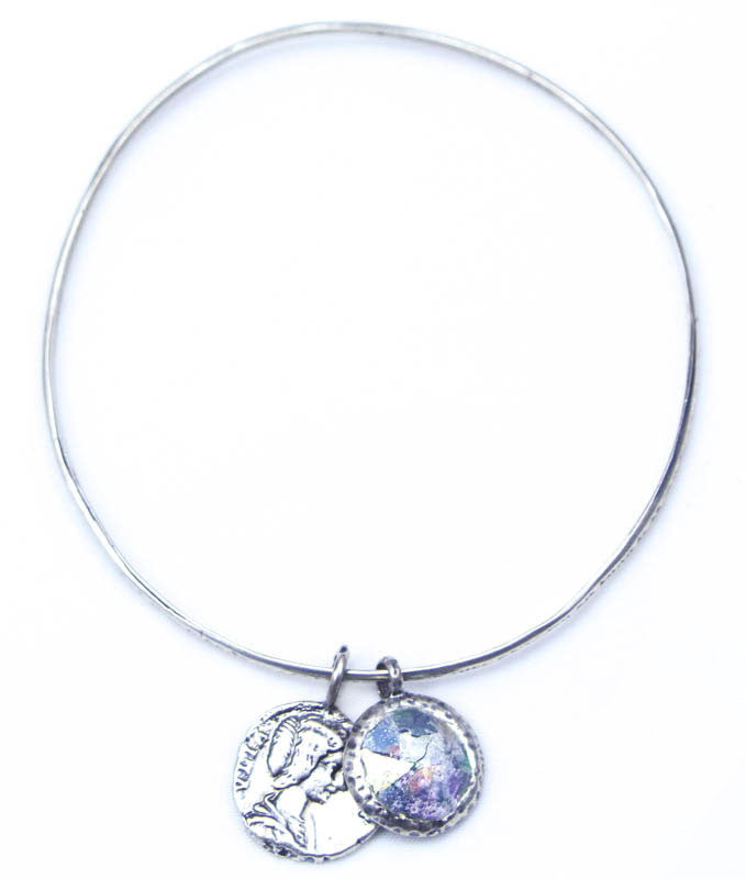 Coin and Flat Framed Charm Patina Roman Glass Bracelet