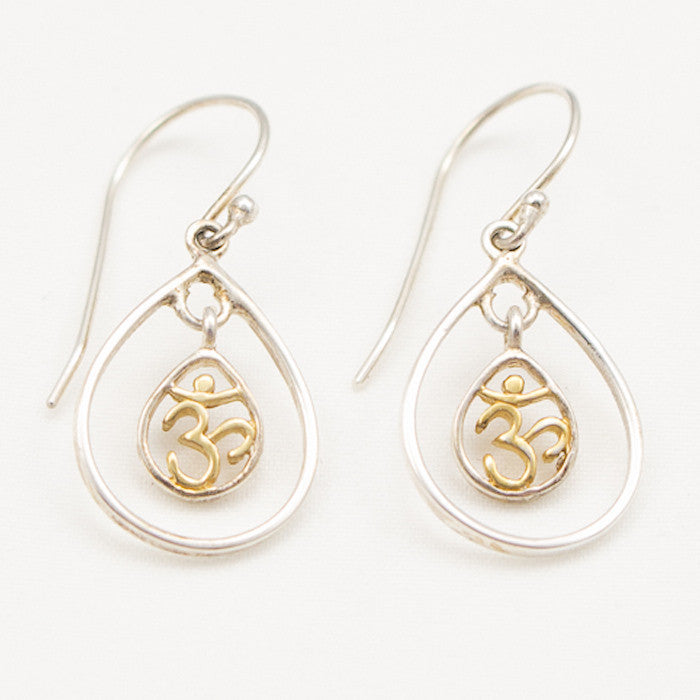 Sterling Silver Teardrop with 22K Gold Om Center Dangle Earrings