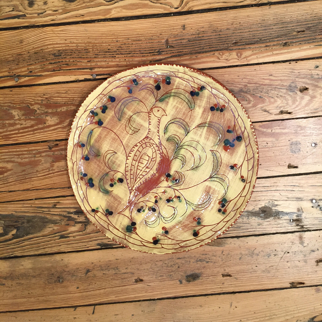 Slip Trail and Sgraffito Redbelly Bird Design Redware Pottery Plate