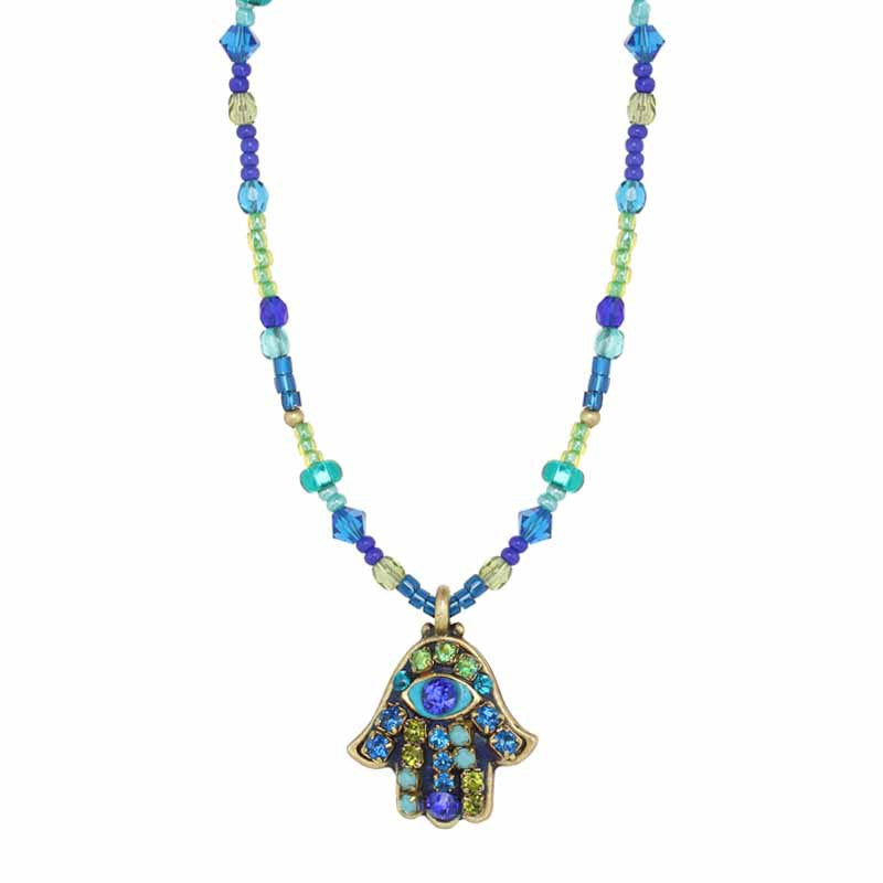 Beaded Peacock Eye Small Hamsa Necklace by Michal Golan