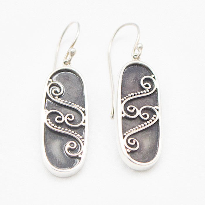 Sterling Silver Black Shell Oval with Silver Swirl Design Earrings