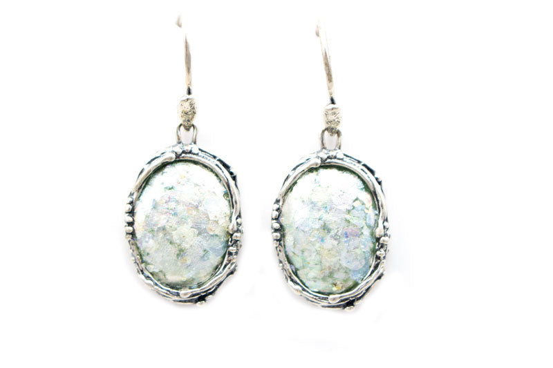 Victorian Reflection Oval Patina Roman Glass Earrings
