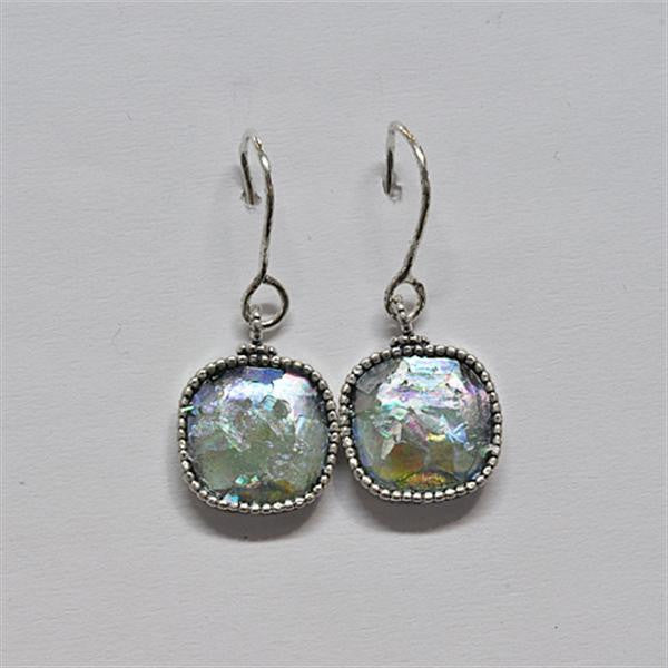 Beaded Edge Rounded Square Patina Roman Glass Earrings