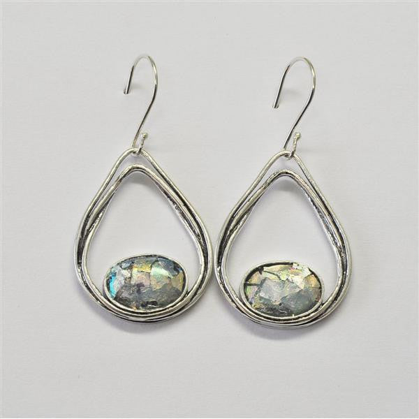 Ovals Within Open Teardrop Patina Roman Glass Earrings