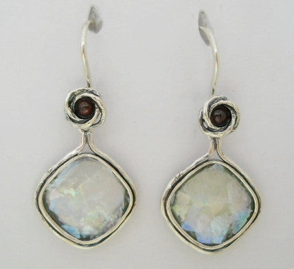 Diamond Shaped Dangle Patina Roman Glass Earrings with Garnet