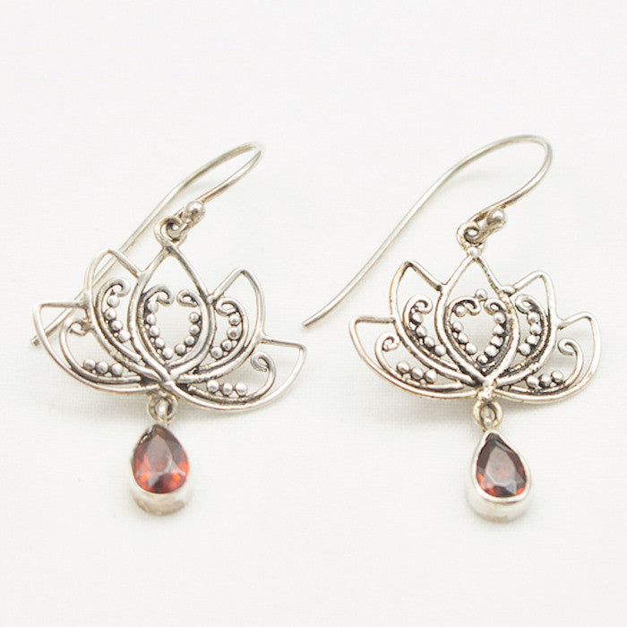 Sterling Silver Fancy Silver Lotus with Garnet Drop Earrings