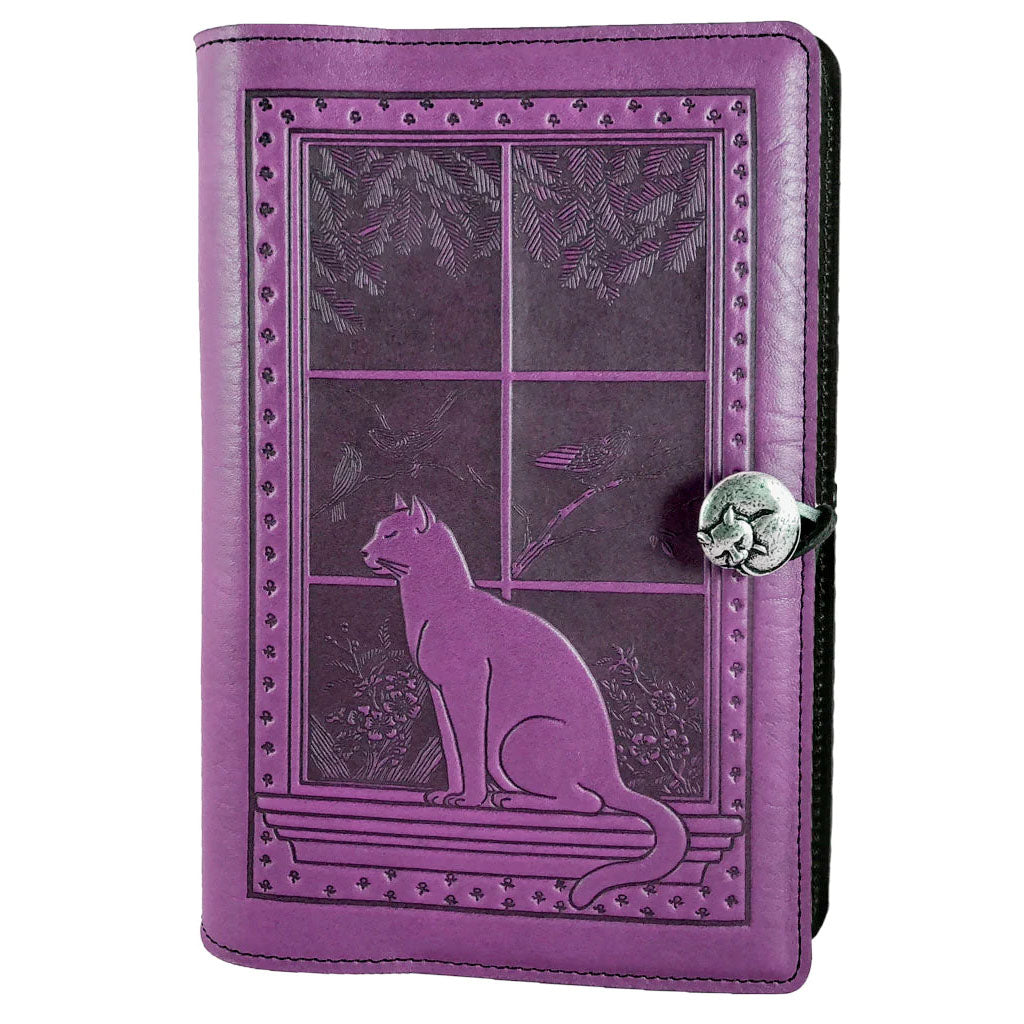 Large Leather Journal - Cat in Window in Orchid