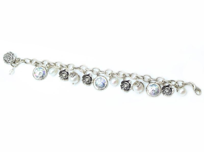 Floral Inspired Flat Framed Multi Bead Patina Roman Glass Bracelet