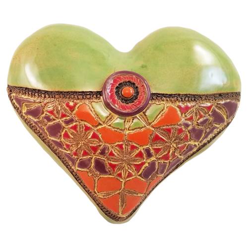 Blanket Stitch & Button Heart in Green Cermaic Wall Art by Laurie Pollpeter