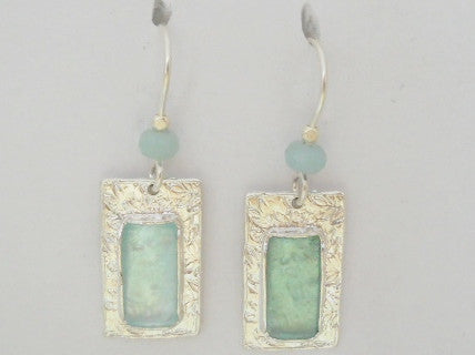 Etched Framed Rectangle Washed Roman Glass Earrings with Amazonite
