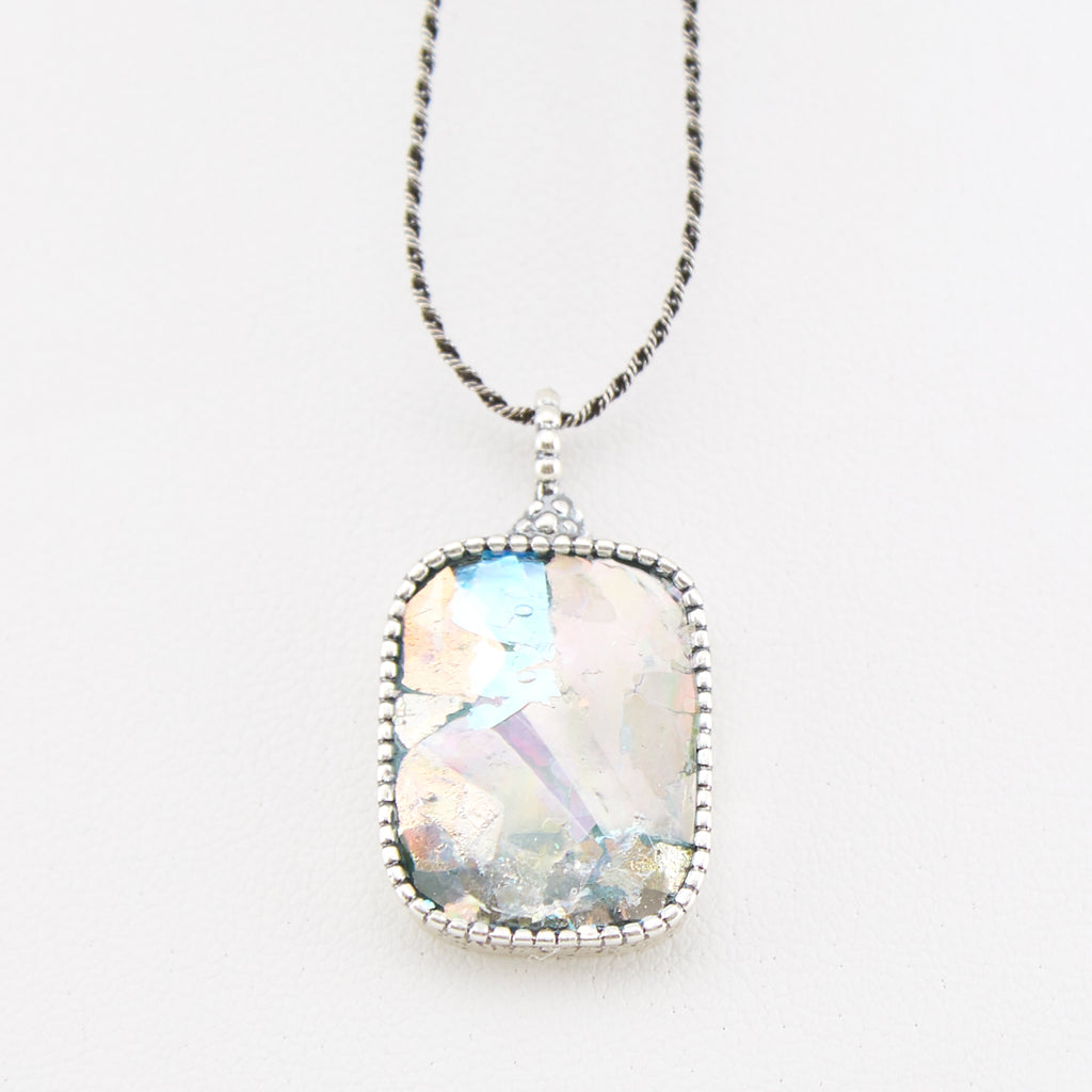Delicate Framed Rectangular Patina Roman Glass Necklace