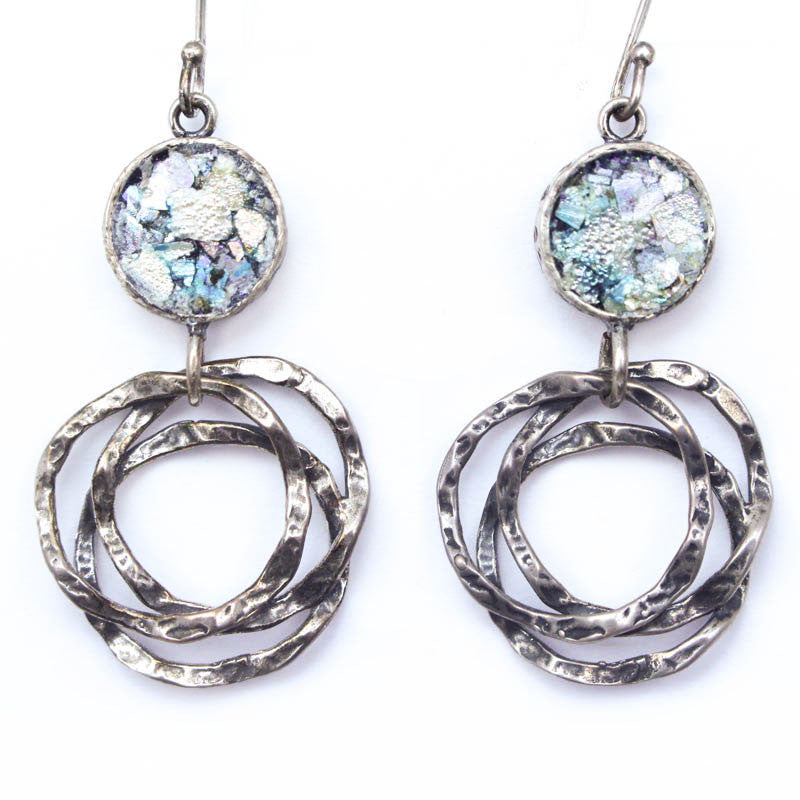 Dangle Circles with Small Disc Roman Glass Earrings