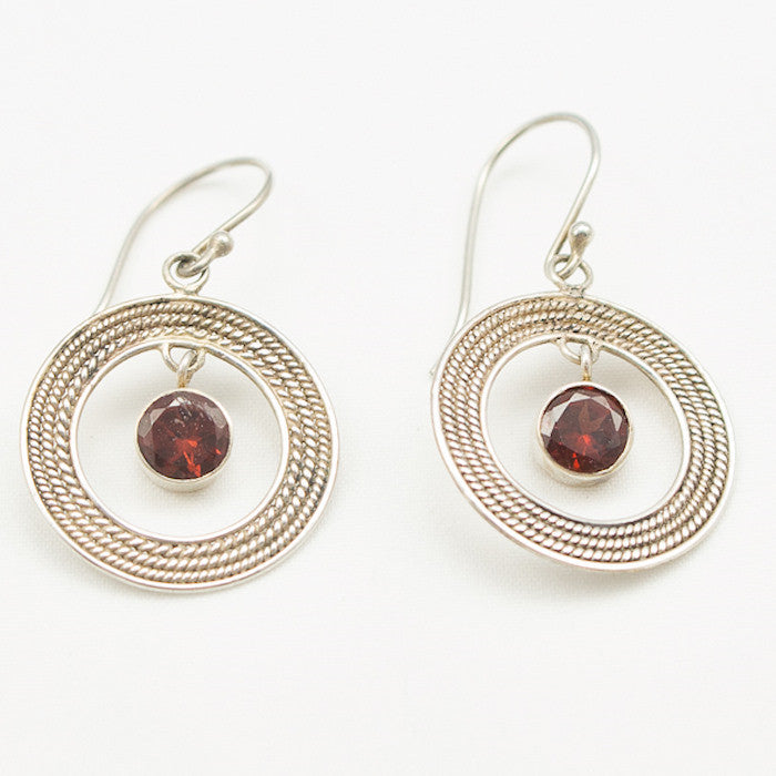 Sterling Silver Round Braid with Garnet Dangle Earrings