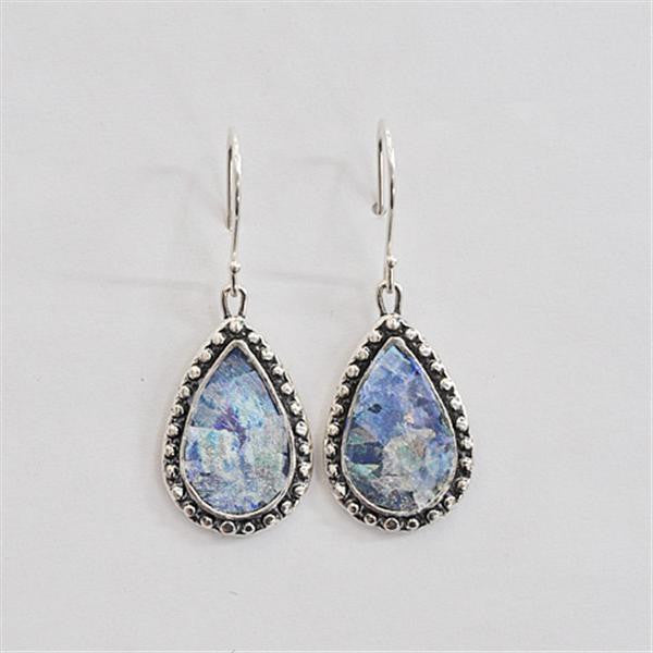 Studded Edge Teardrop Patina Roman Glass Earrings