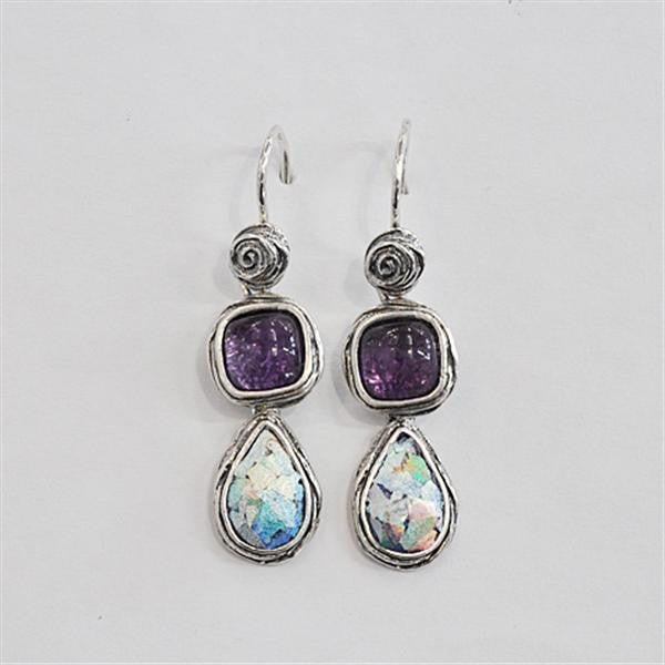 Geometric Dangle Patina Roman Glass Earrings with Amethyst