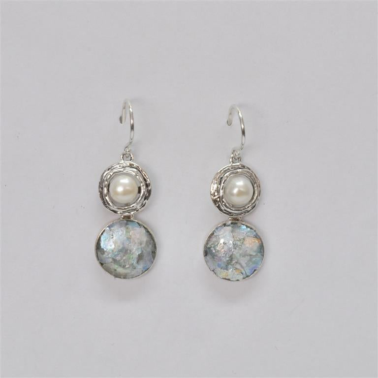Shiny Silver Double Circle Roman Glass Earrings