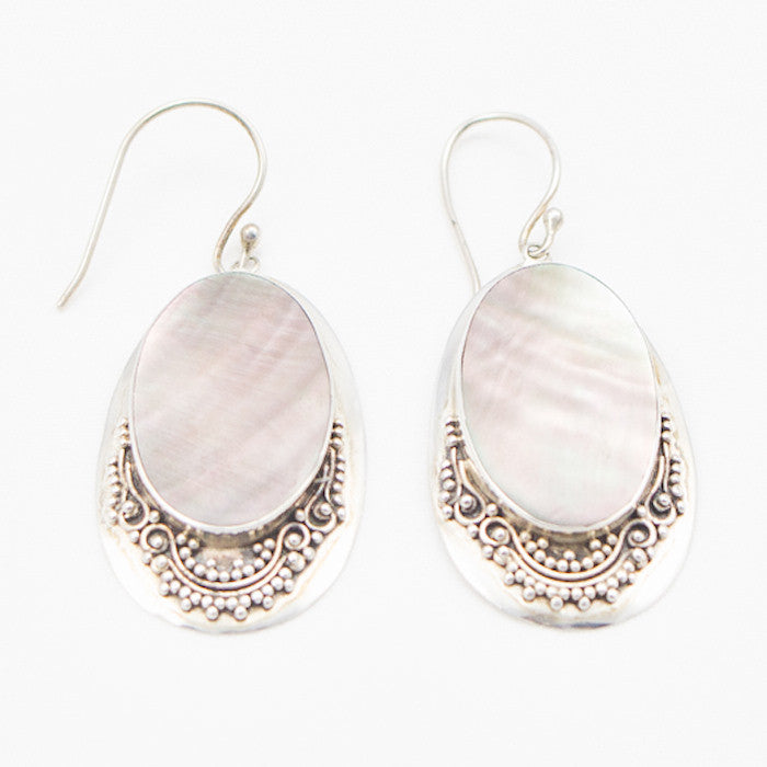Sterling Silver Oval Green Shell with Silver Detail Earrings