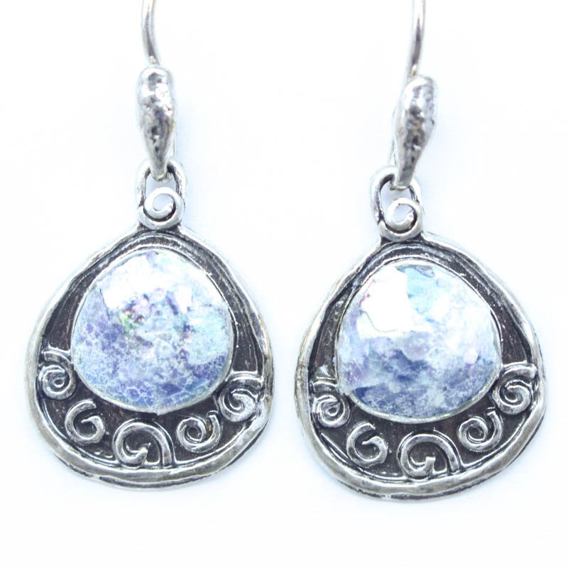 Wide Framed Teardrop Patina Roman Glass Earrings