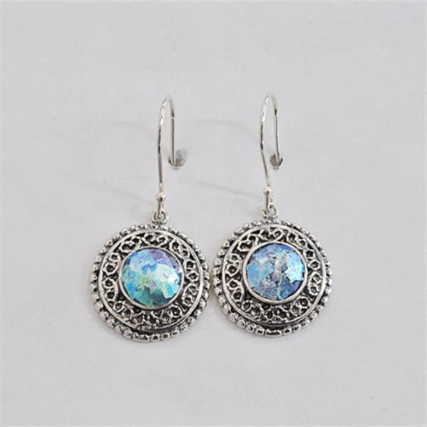 Elaboarately Framed Round Patina Roman Glass Earrings