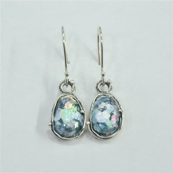 Circle Top Orbit Framed Oval Patina Roman Glass Earrings
