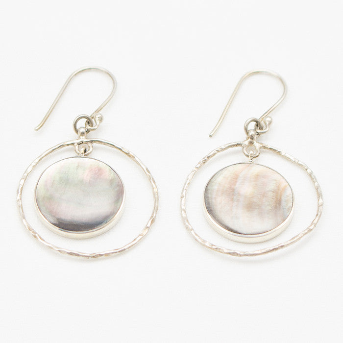 Sterling Silver Hammered Circle with Green Shell Dangle Earrings