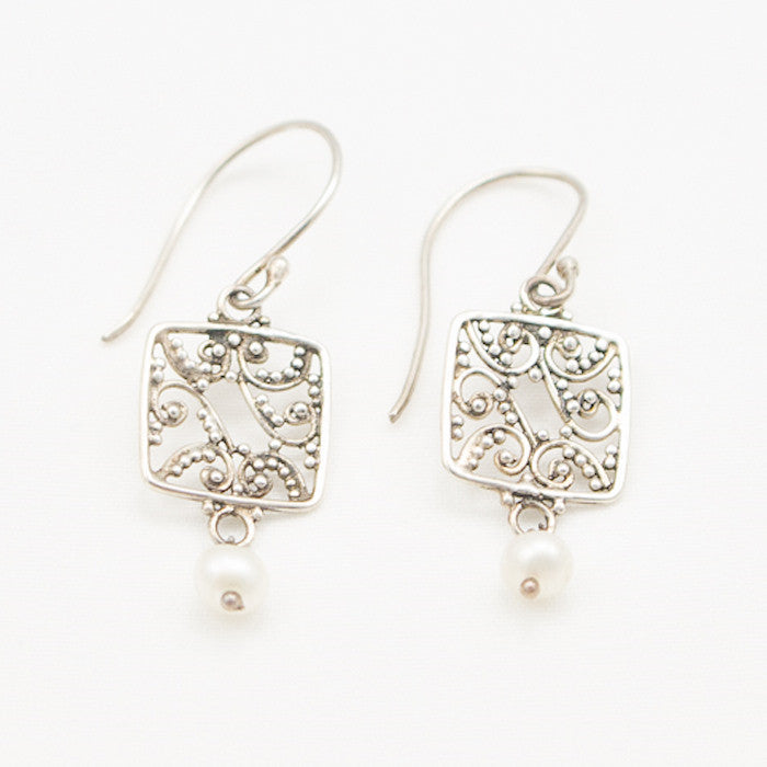 Sterling Silver Square Scroll Work with Pearl Drop Earrings