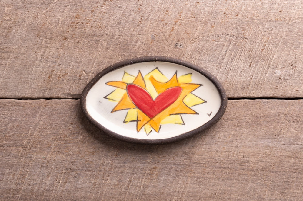 Flaming Heart in Orange Mini Oval Tray Hand Painted Ceramic