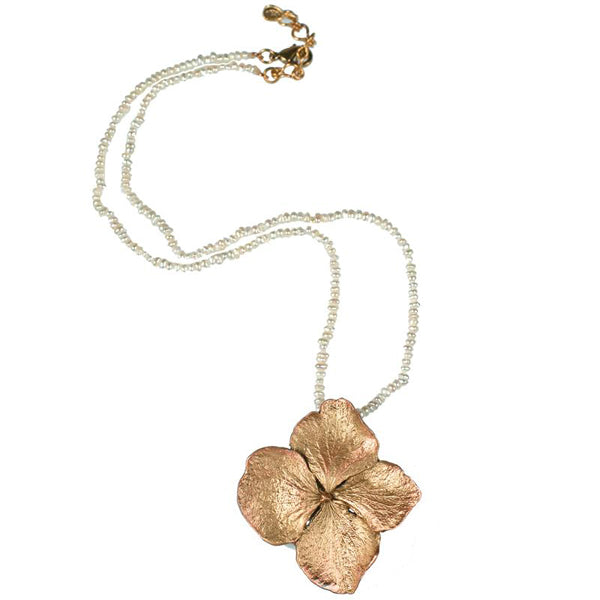 Hydrangea Single Petal 16 Inch Adjustable Pendant Pearl Necklace by Michael Michaud