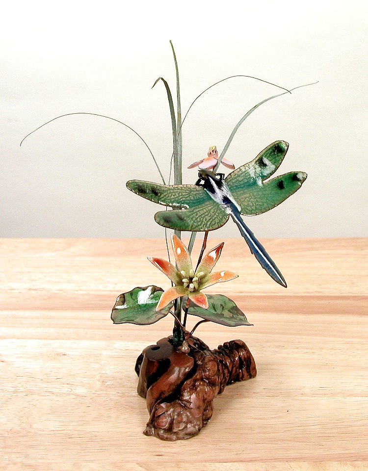 Green Winged Dragonfly and Flowers, Tabletop Wall Art by Bovano