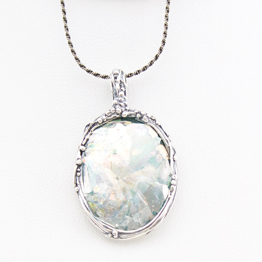 Delicate Framed Oval Patina Roman Glass Necklace