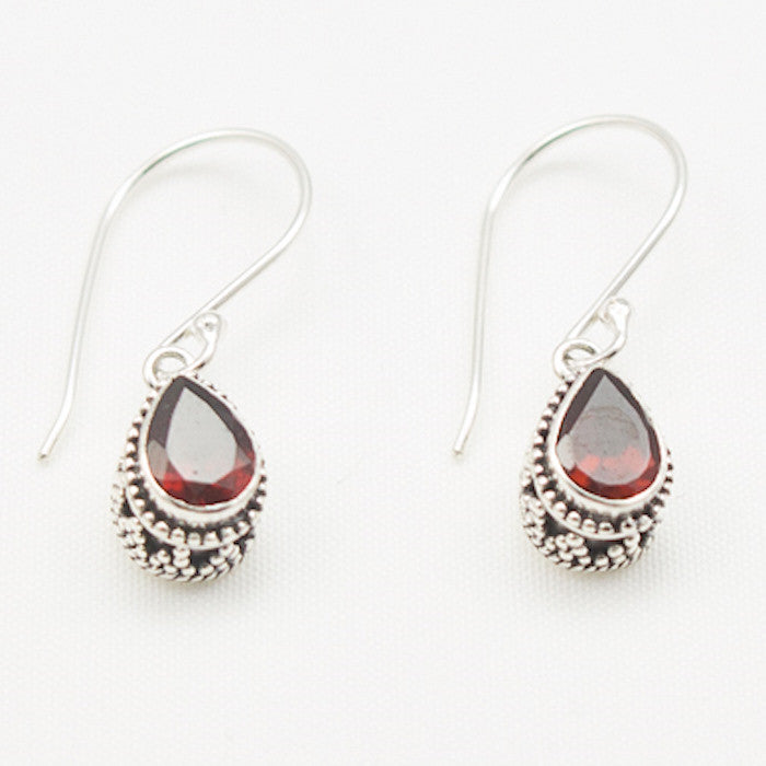 Sterling Silver Teardrop Faceted Garnet with Side Detail Dangle Earrings