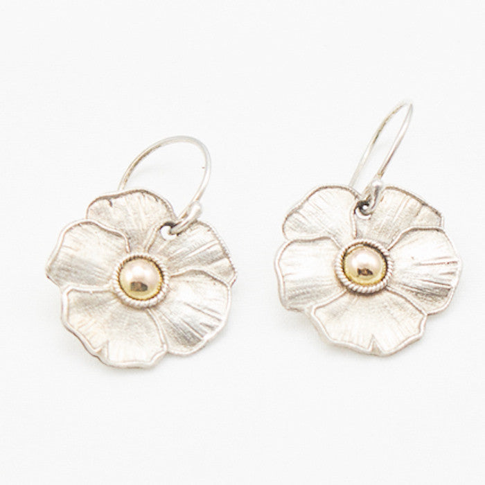 Sterling Silver Flower Dangle Earrings with 22K Gold Center