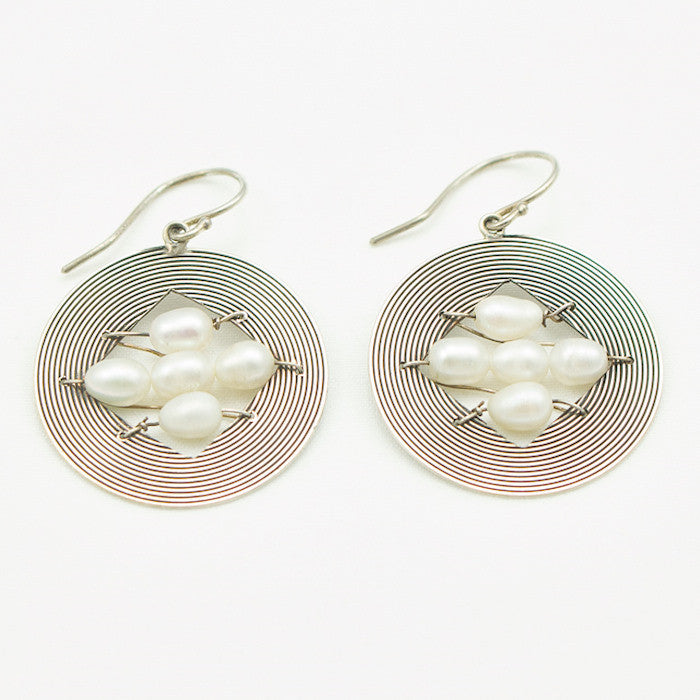 Sterling Silver Disc with Four Center Pearls Earrings
