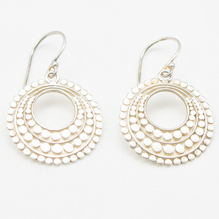 Sterling Silver Round Polka Dot Dangle with Open Center Earrings