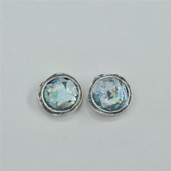 Channel Framed Full Round Patina Roman Glass Post Earrings