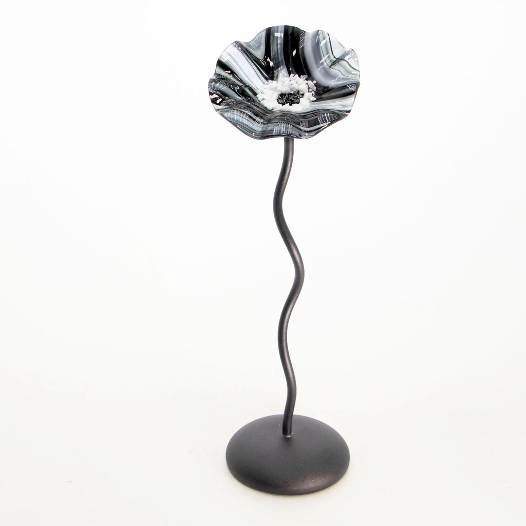 Black and White Black Base Single Handblown Glass Flower