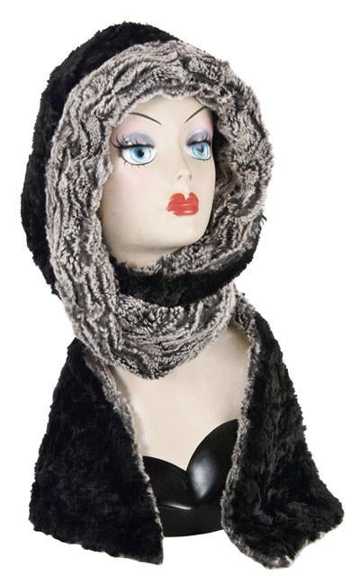 Black Walnut with Cuddly Black Luxury Faux Fur Hoody Scarf