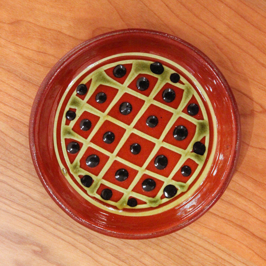 Redware Coaster with Grid and Black Polka Dots
